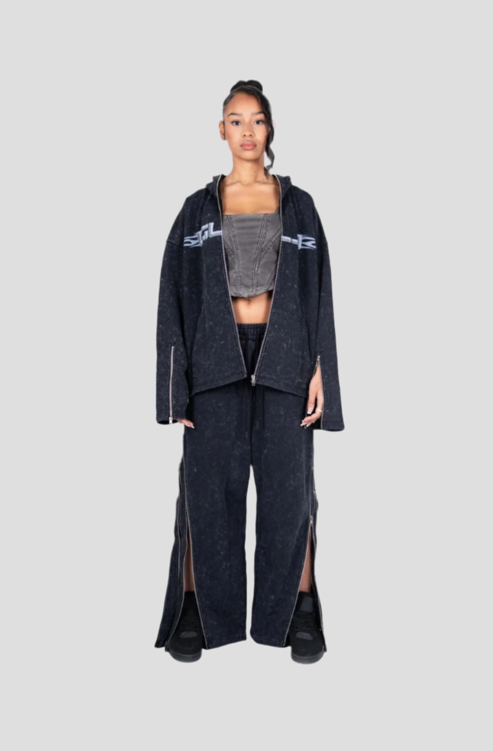 UNLOCKED FULL ZIP UP WASHED BLACK SWEATPANTS