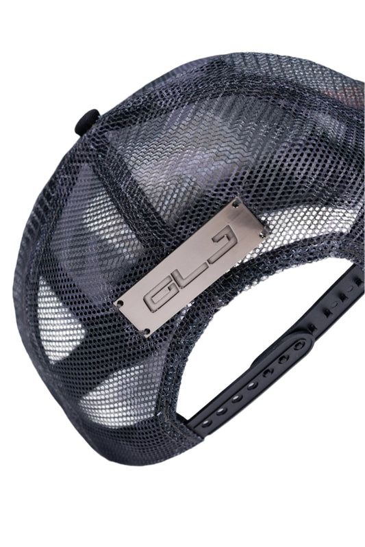 Black mesh cap with a brand logo on a white background