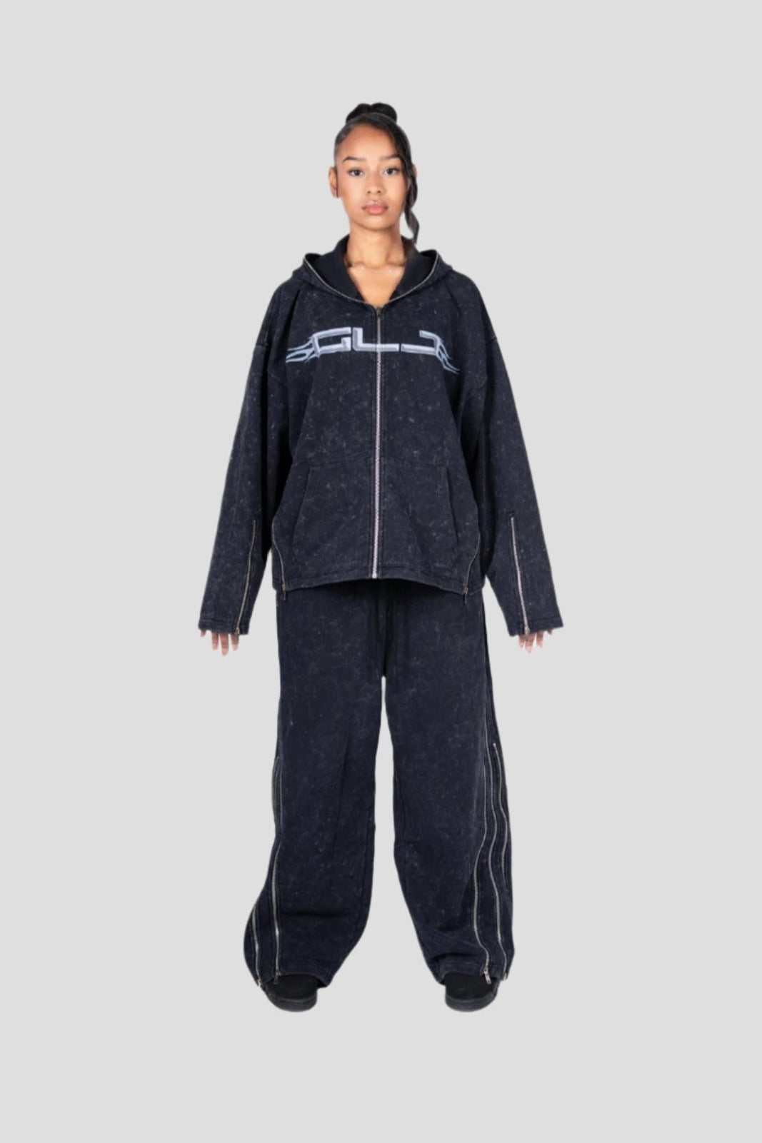 UNLOCKED FULL ZIP UP WASHED BLACK SWEATPANTS