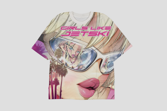T-shirt with a graphic design of a face and sunglasses on a gray background