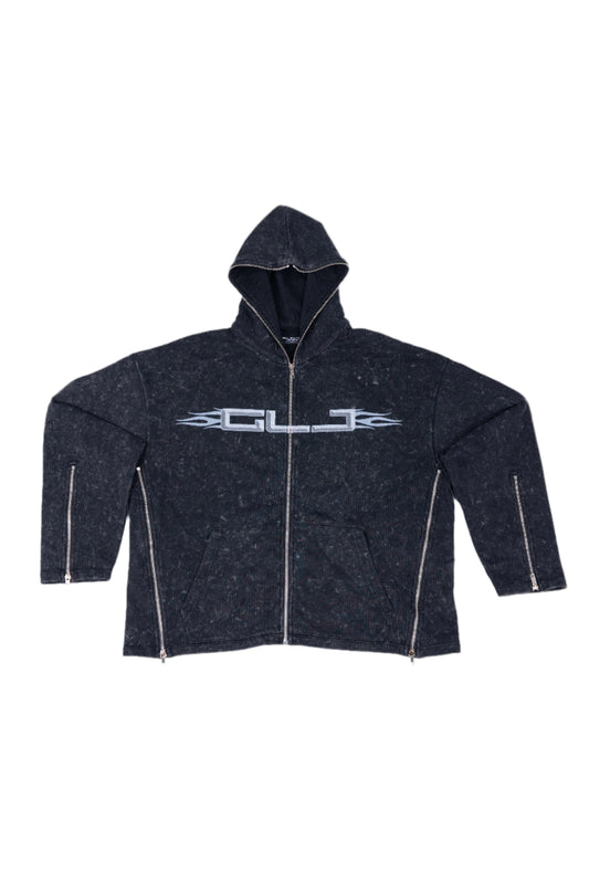 Black hoodie with a brand logo on a white background